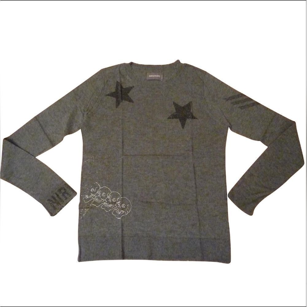 Zadig & Voltaire Gray Cashmere And Beaded Star And Skull Luxury Medium